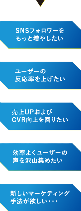 SNSフォロワーをもっと増やしたい ユーザーの反応率を上げたい 売上UPおよびCVR向上を図りたい 効率よくユーザーの声を沢山集めたい 新しいマーケティング手法が欲しい・・・