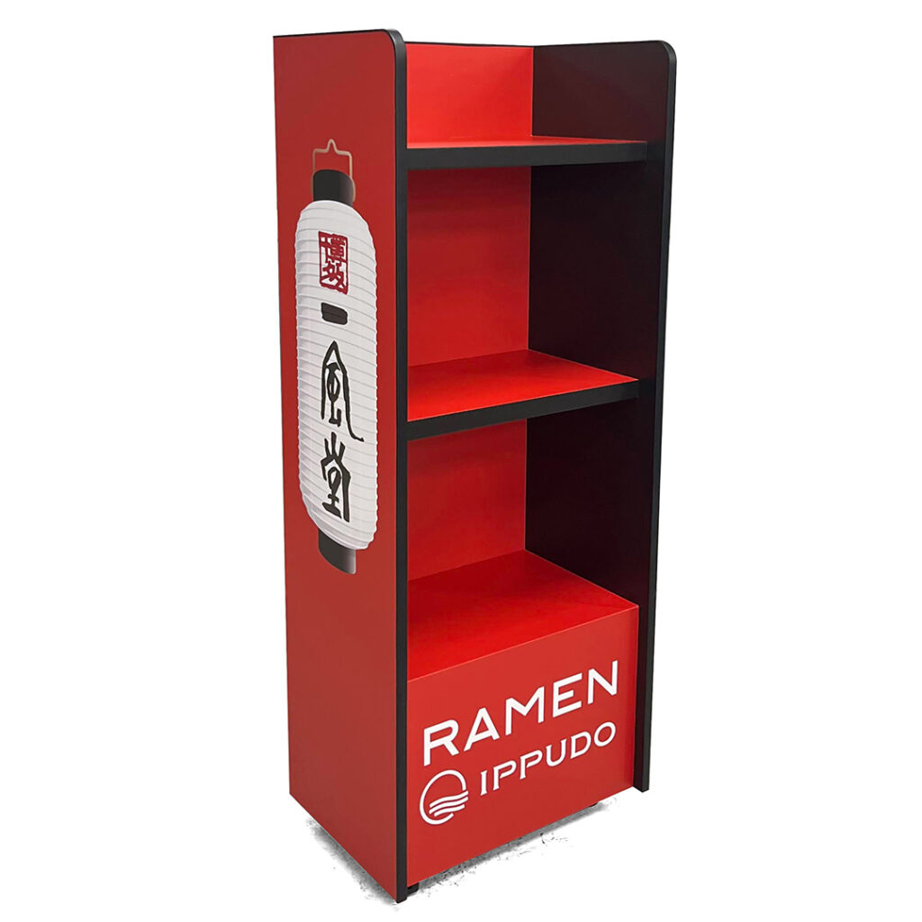 361 強度と耐久性を実現　キャスター付き３段リボード什器